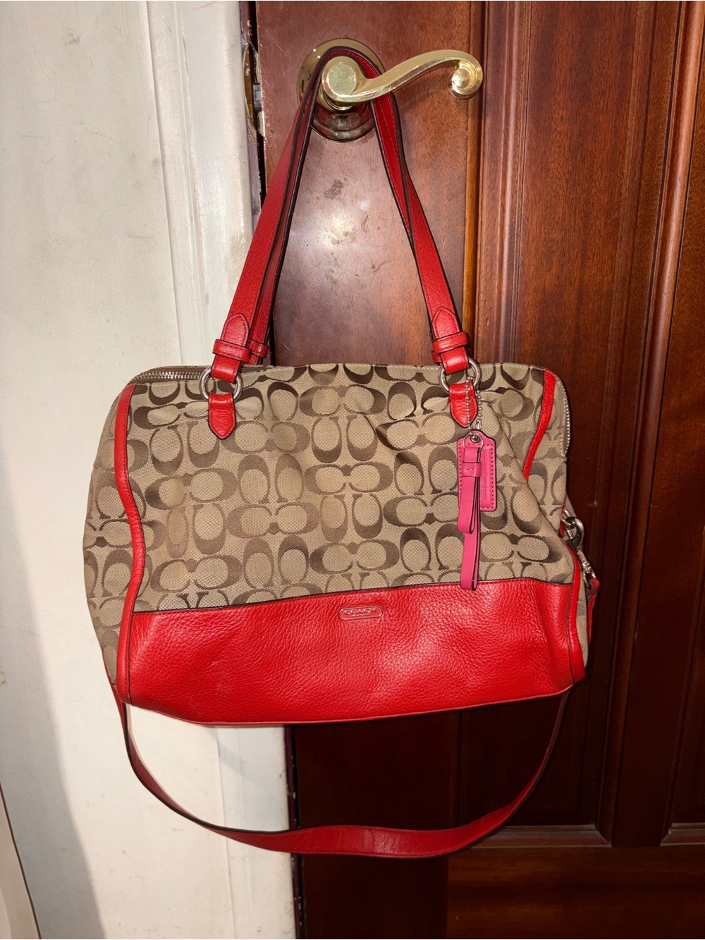 Coach Brown Signature Canvas Shoulder Bag with orange/red Trim